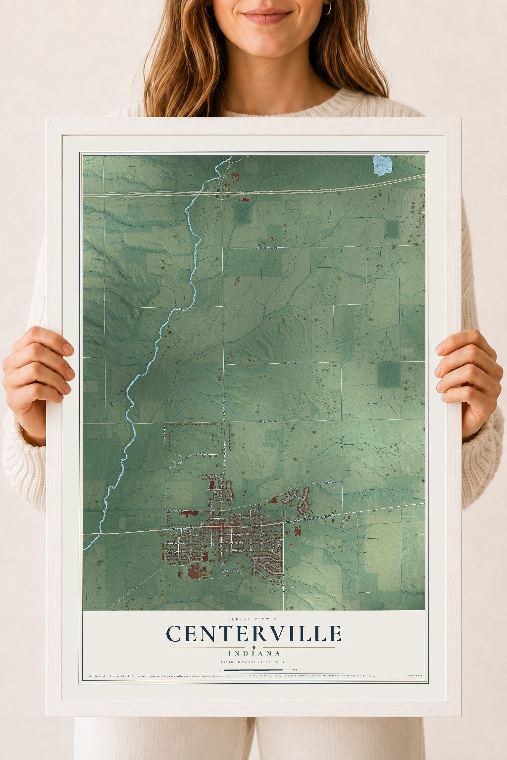 Map of Centerville, Indiana, 18 x 24 inch print in a white wood frame