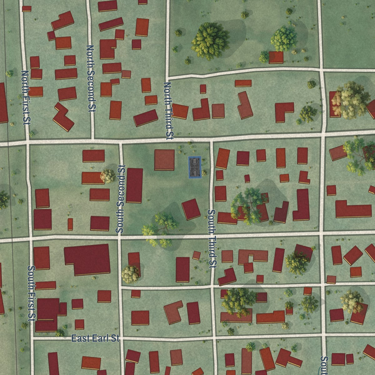 Close-up of the map of Chalmers, Indiana print showing street and building detail