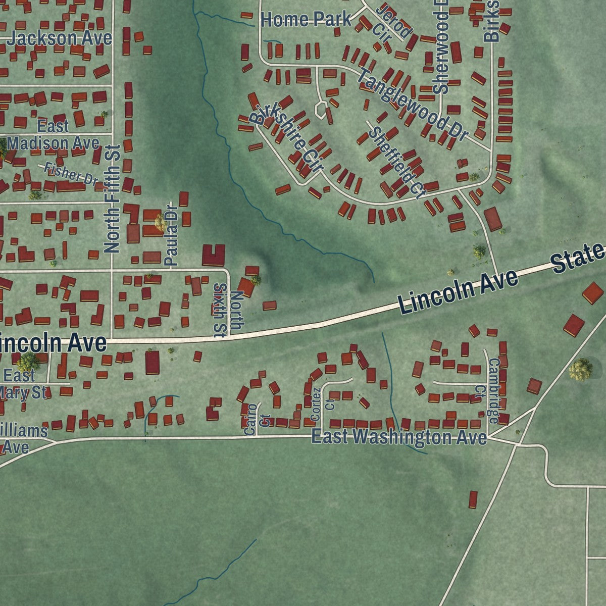 Second close-up of the map of Chandler, Indiana print showing more streets and buildings
