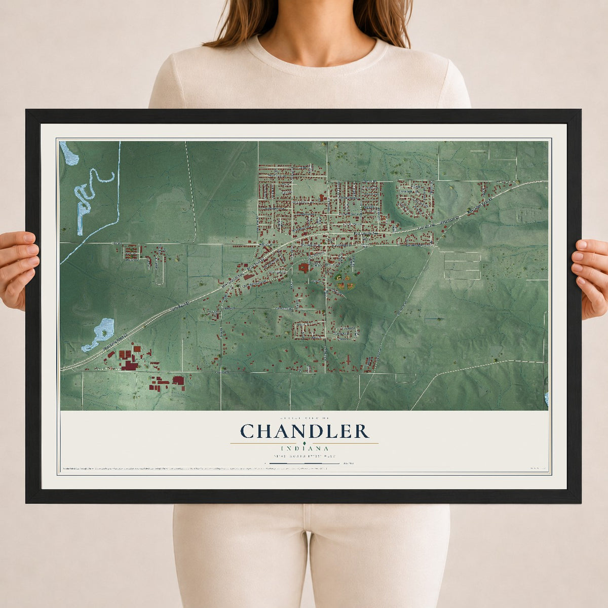 Map of Chandler, Indiana, 18 x 24 inch print in a black wood frame