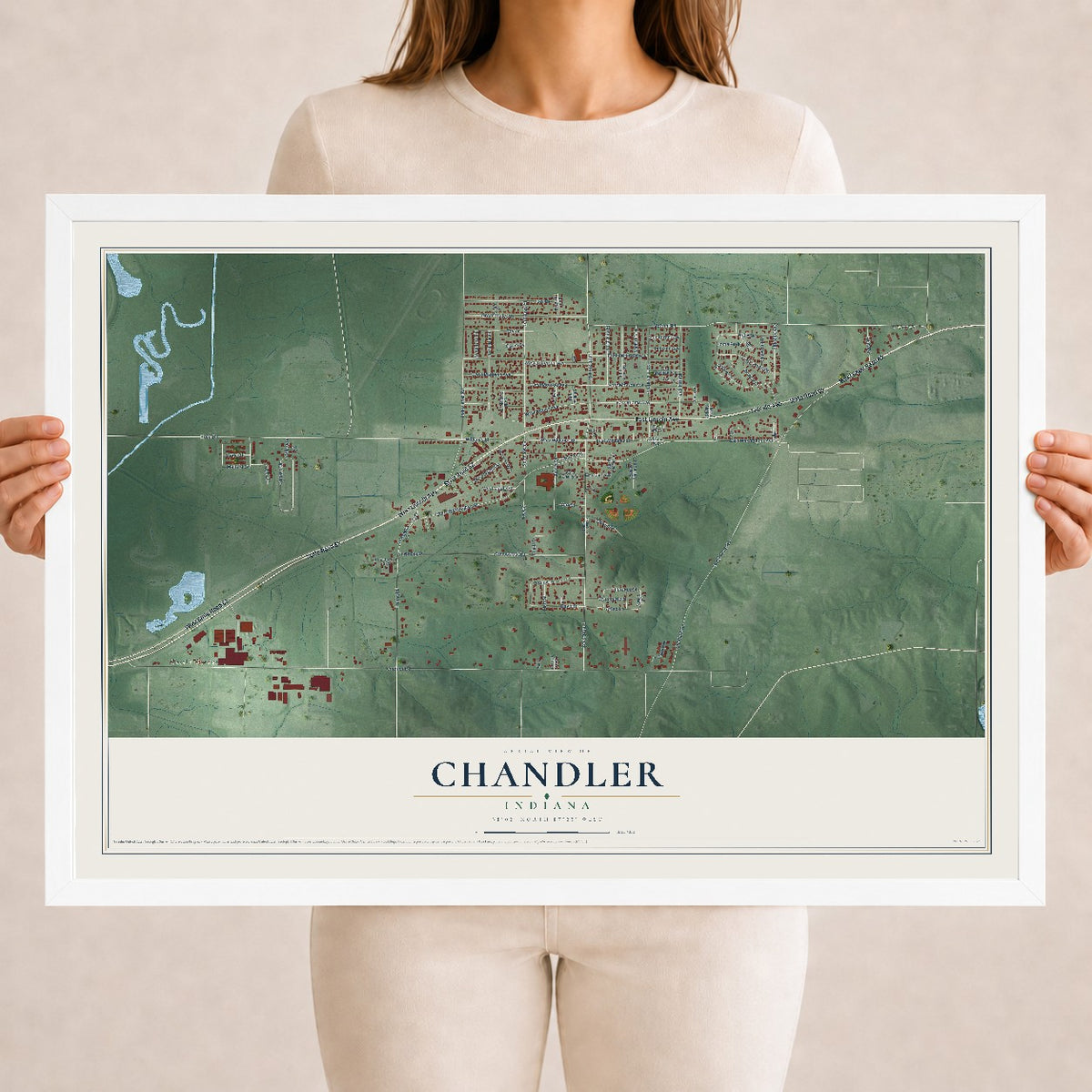 Map of Chandler, Indiana, 18 x 24 inch print in a white wood frame