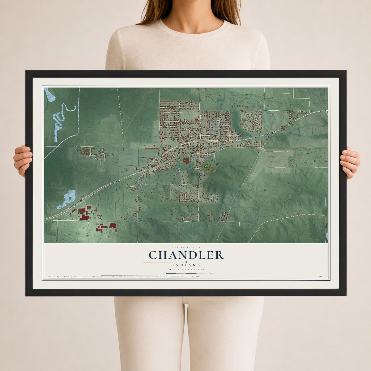 Map of Chandler, Indiana, 24 x 36 inch print in a black wood frame