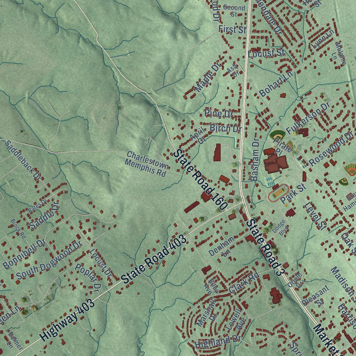 Close-up of the map of Charlestown, Indiana print showing street and building detail