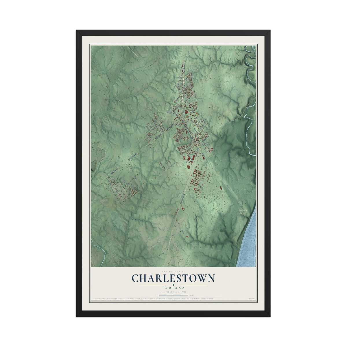 Map of Charlestown, Indiana, 12 x 18 inch print in a black wood frame