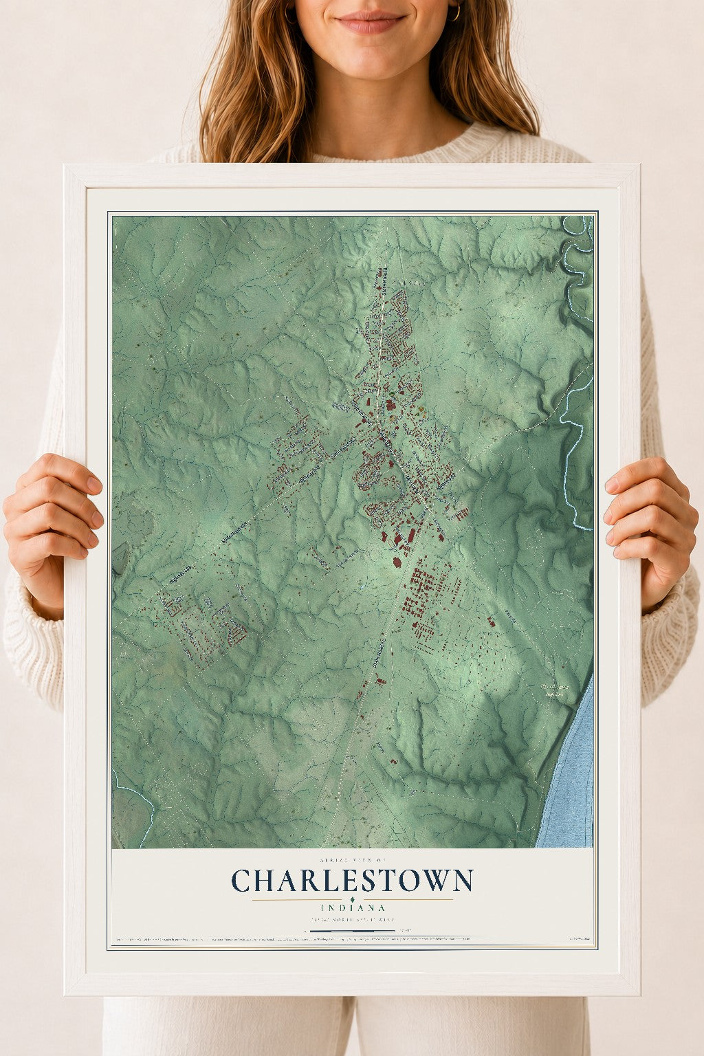 Map of Charlestown, Indiana, 18 x 24 inch print in a white wood frame