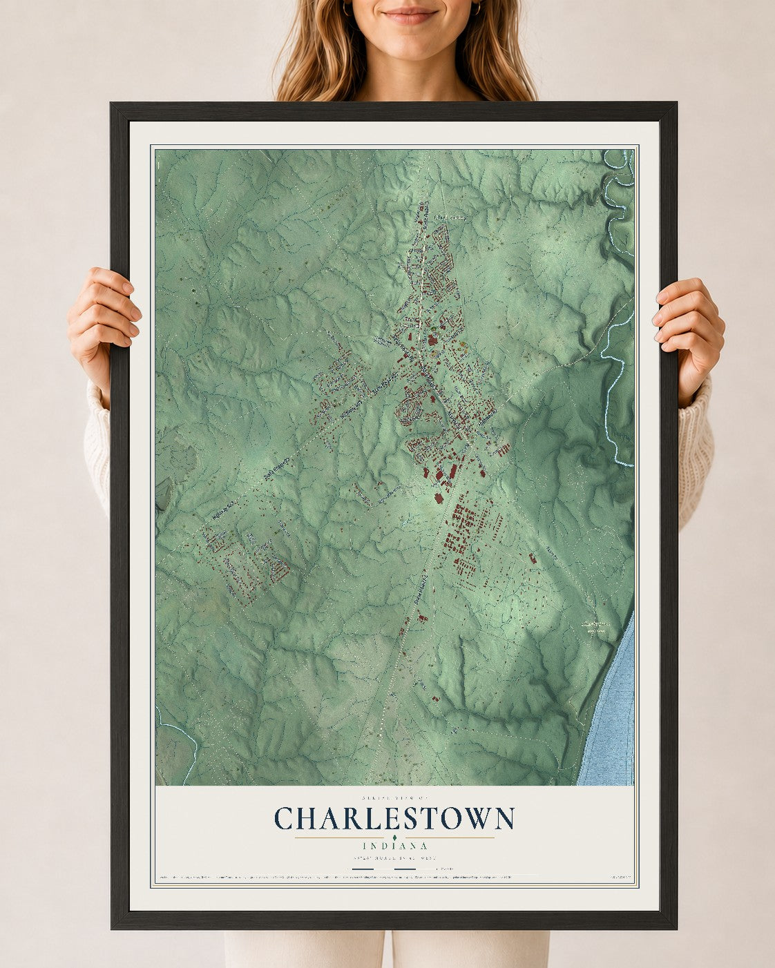Map of Charlestown, Indiana, 24 x 36 inch print in a black wood frame