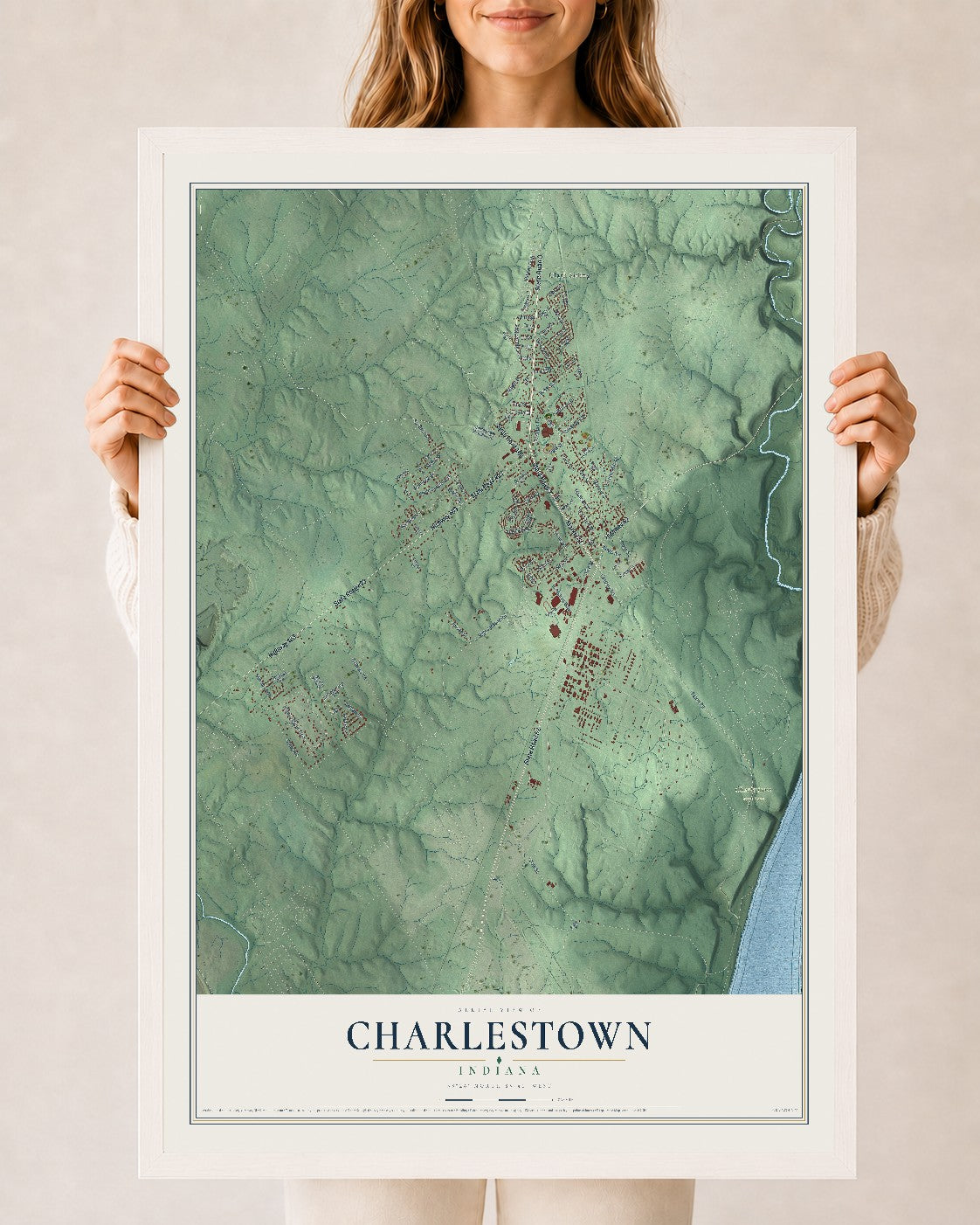 Map of Charlestown, Indiana, 24 x 36 inch print in a white wood frame
