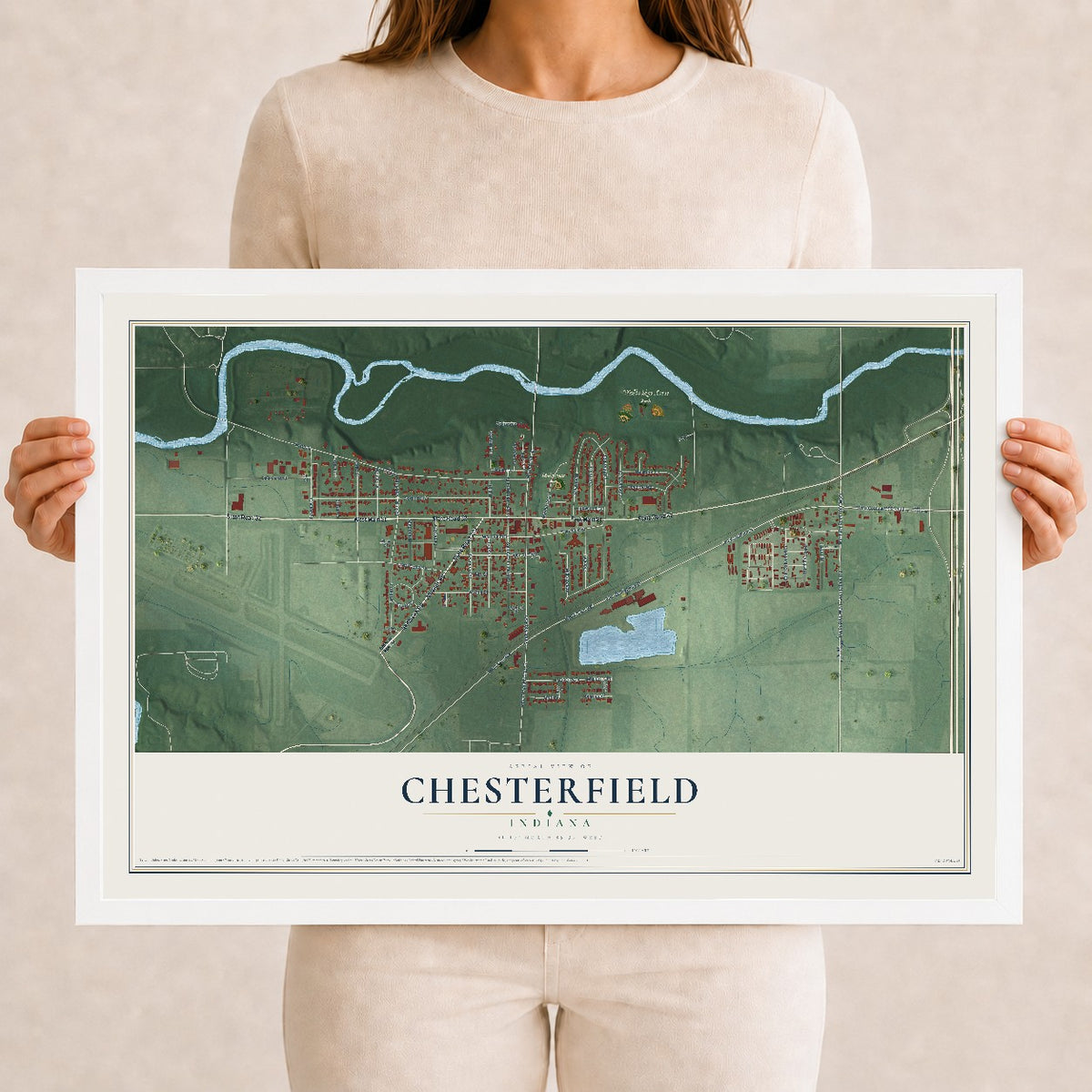Map of Chesterfield, Indiana, 12 x 18 inch print in a white wood frame