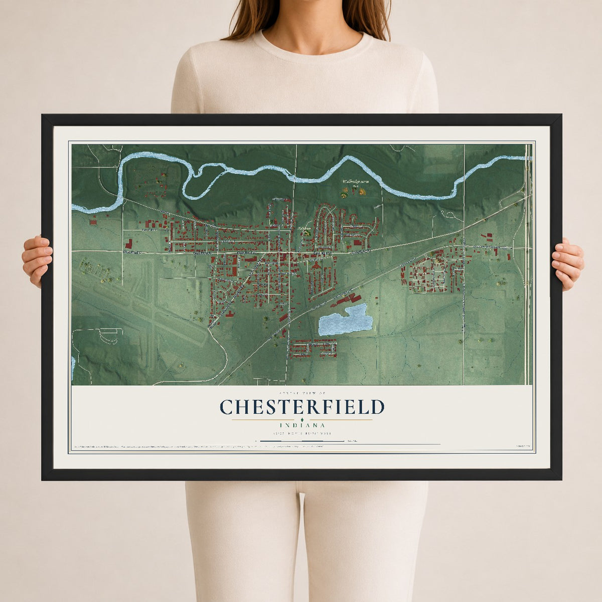 Map of Chesterfield, Indiana, 24 x 36 inch print in a black wood frame