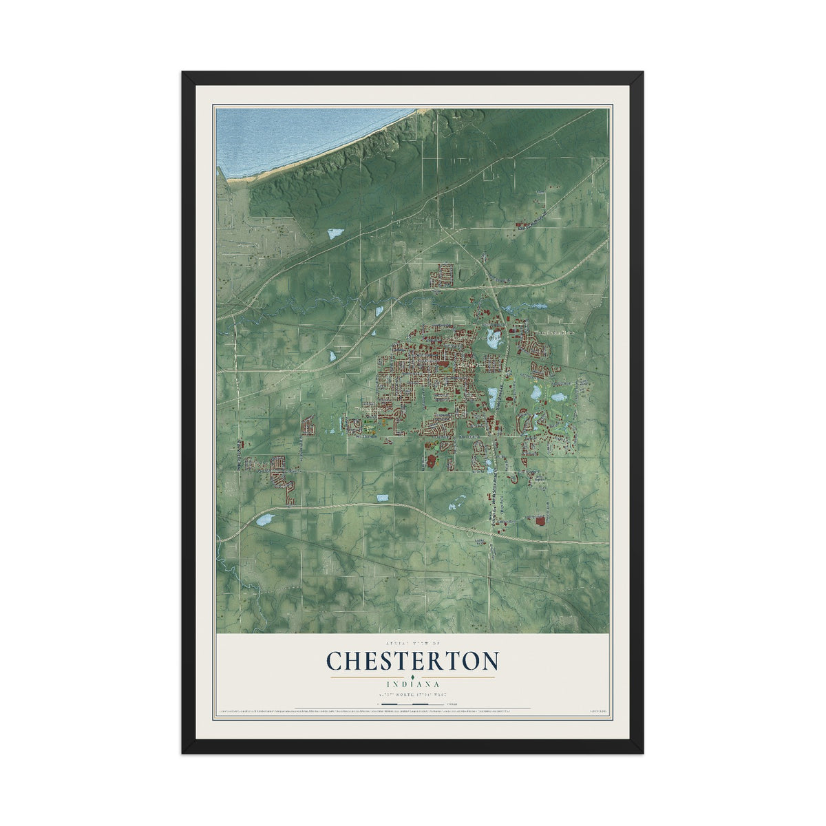 Map of Chesterton, Indiana, 12 x 18 inch print in a black wood frame