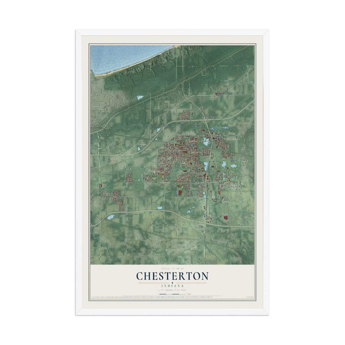 Map of Chesterton, Indiana, 12 x 18 inch print in a white wood frame