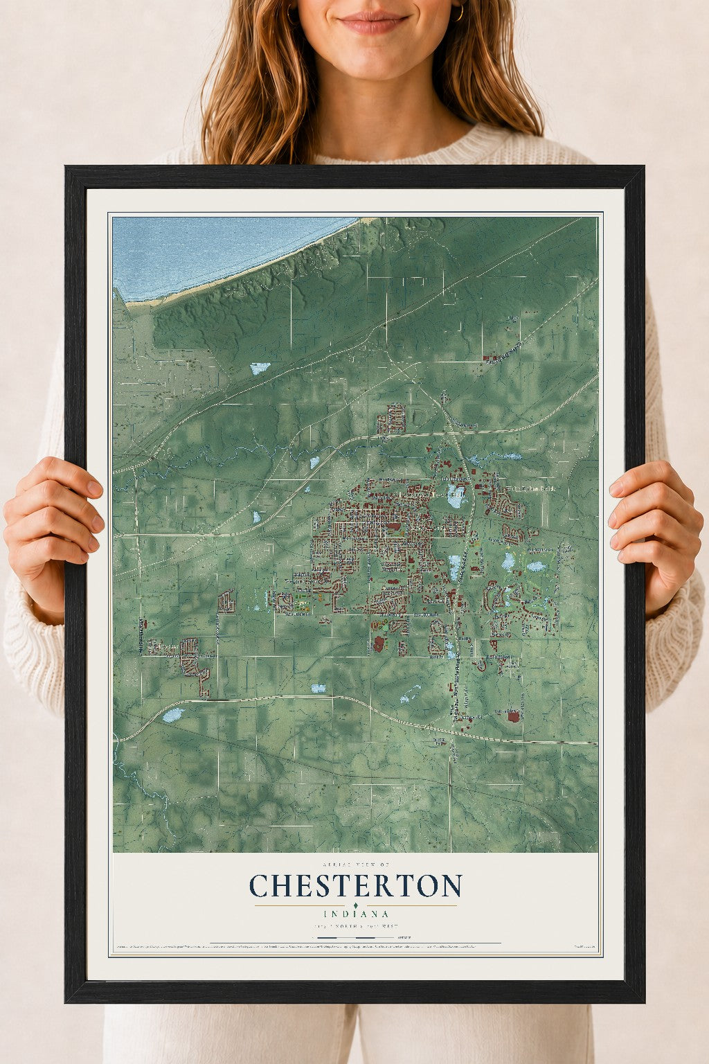 Map of Chesterton, Indiana, 18 x 24 inch print in a black wood frame