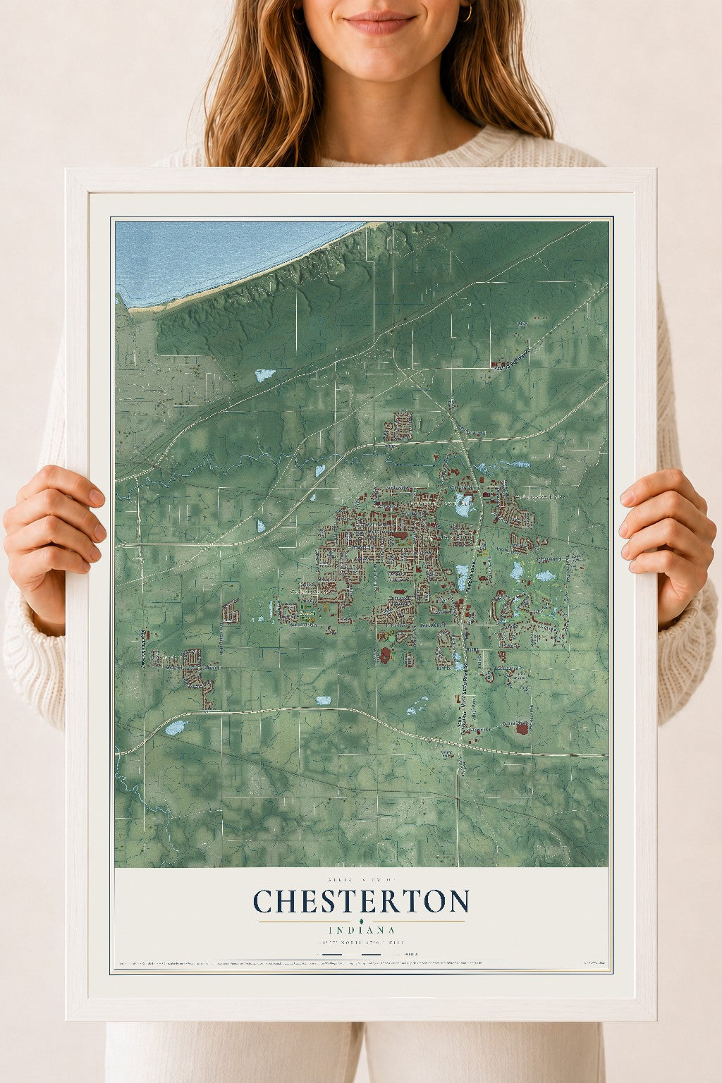 Map of Chesterton, Indiana, 18 x 24 inch print in a white wood frame