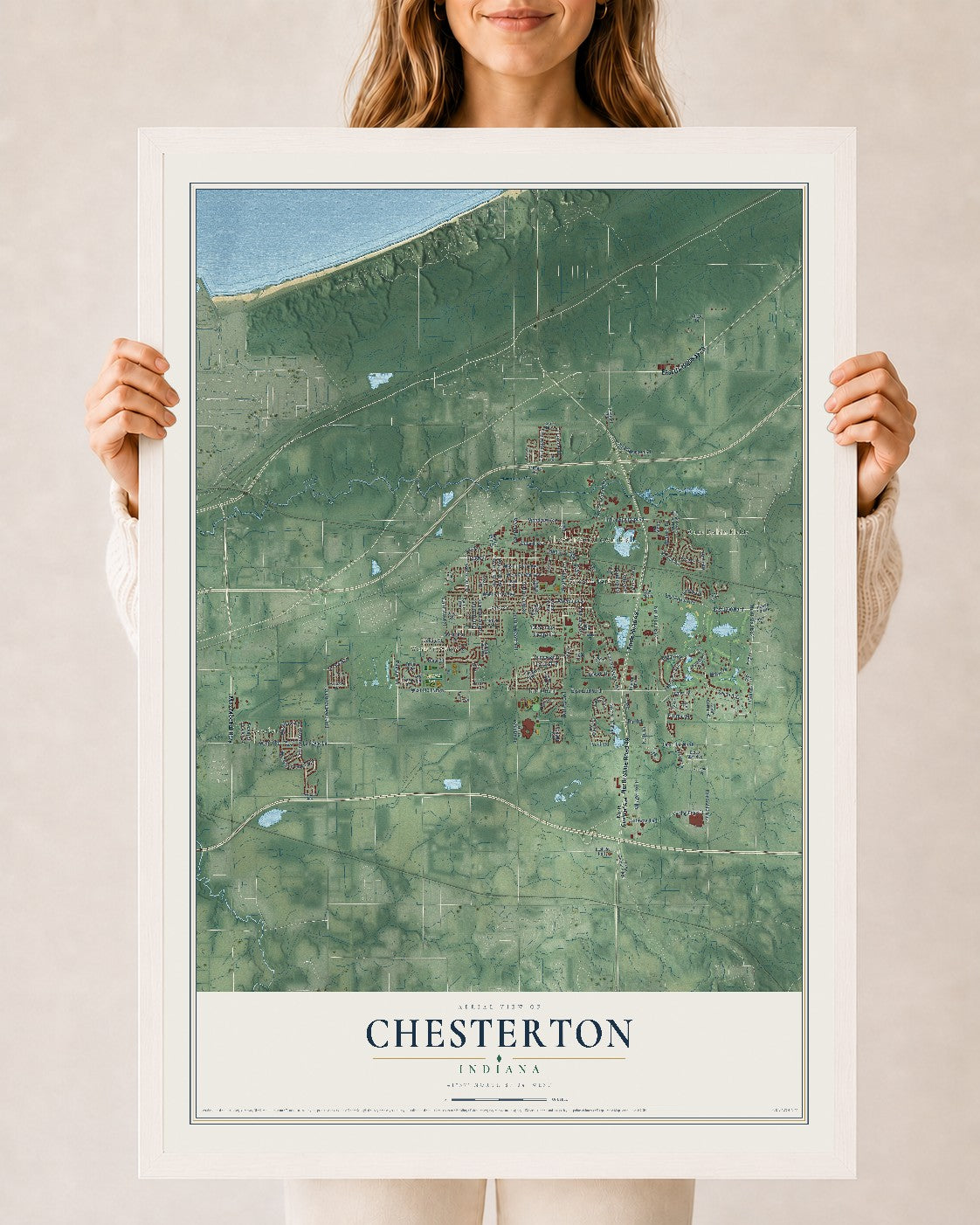 Map of Chesterton, Indiana, 24 x 36 inch print in a white wood frame