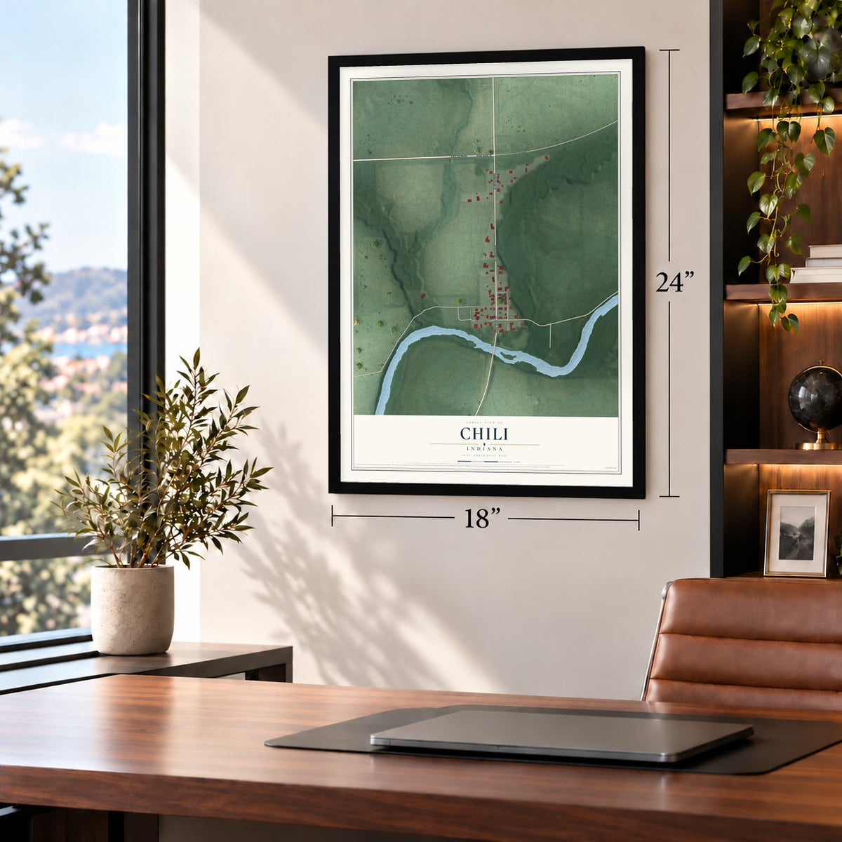 Chili, Indiana map, 18 x 24 inch print in a black frame in a home office