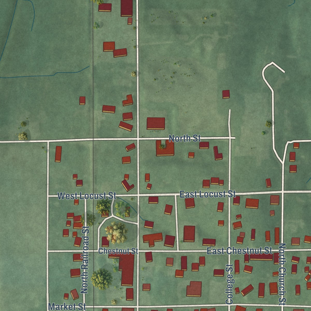 Close-up of the map of Chrisney, Indiana print showing street and building detail