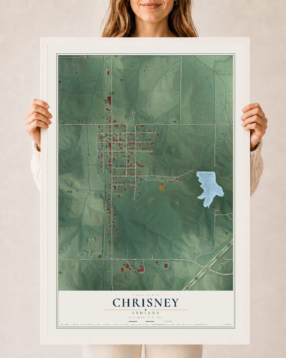 Map of Chrisney, Indiana, 24 x 36 inch print in a white wood frame