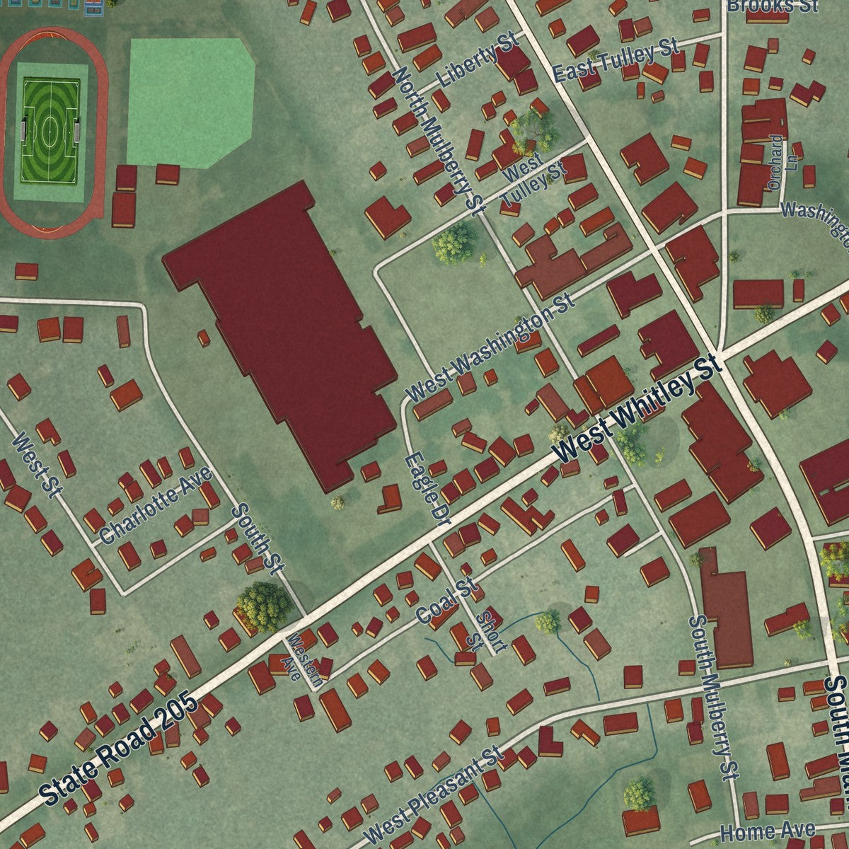 Close-up of the map of Churubusco, Indiana print showing street and building detail