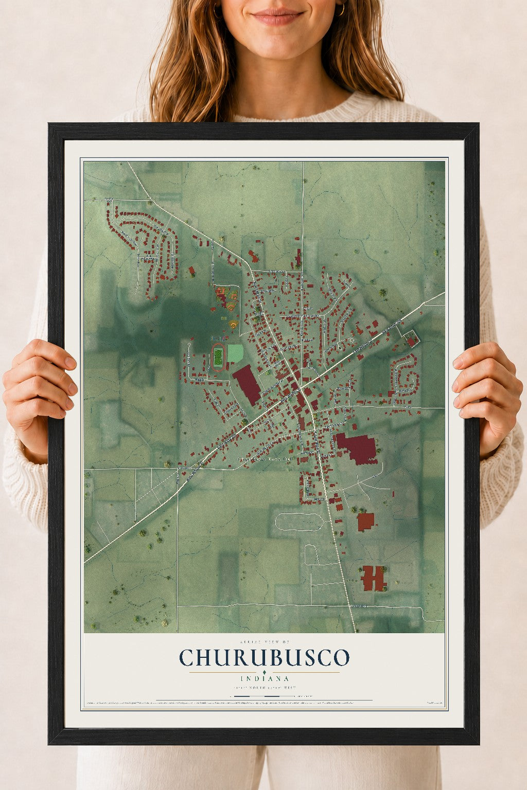 Map of Churubusco, Indiana, 18 x 24 inch print in a black wood frame