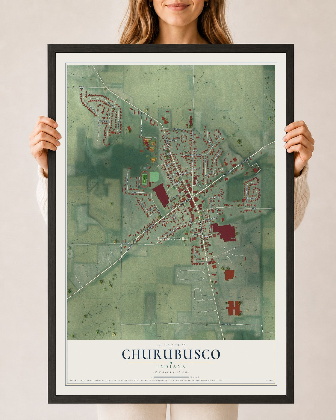 Map of Churubusco, Indiana, 24 x 36 inch print in a black wood frame