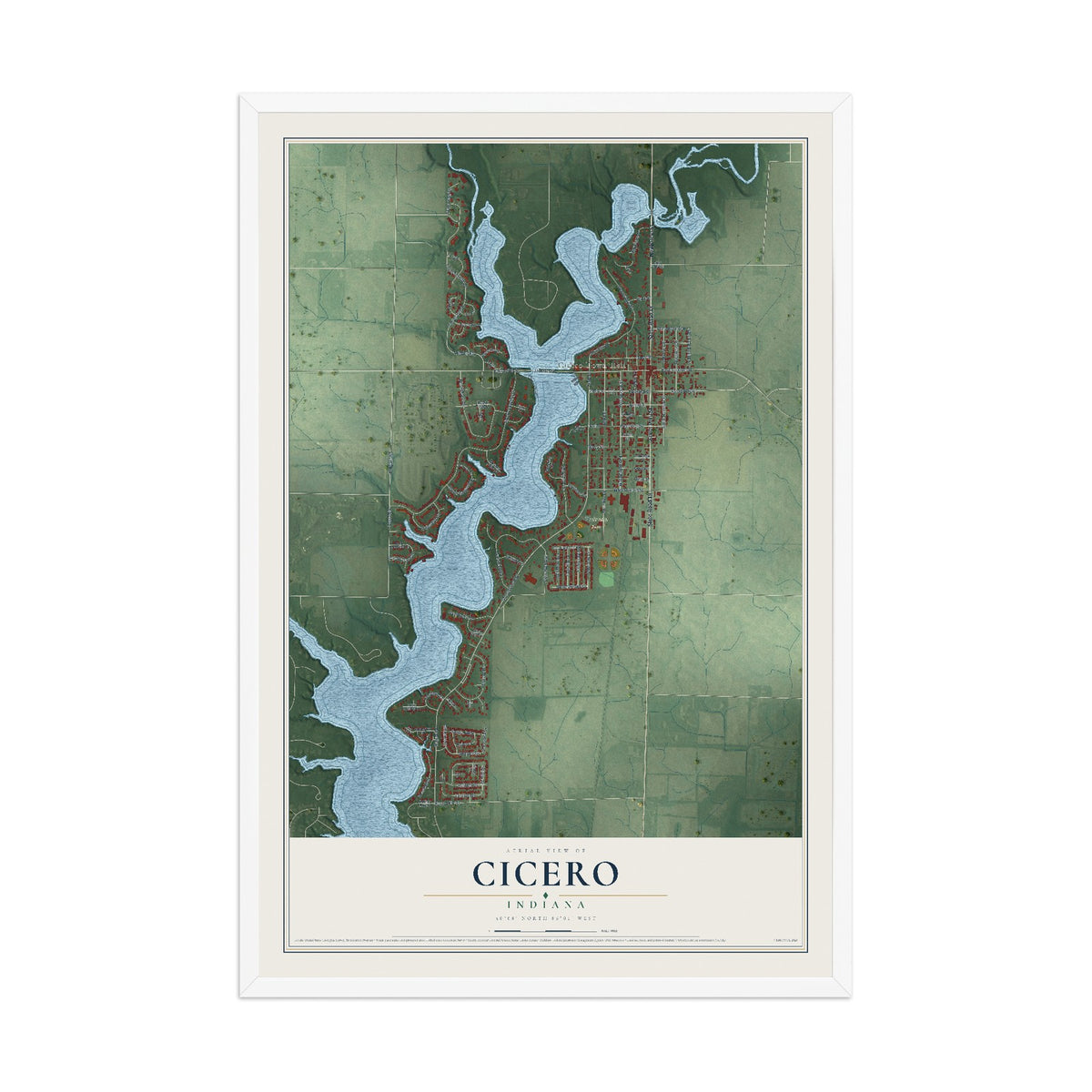 Map of Cicero, Indiana, 12 x 18 inch print in a white wood frame