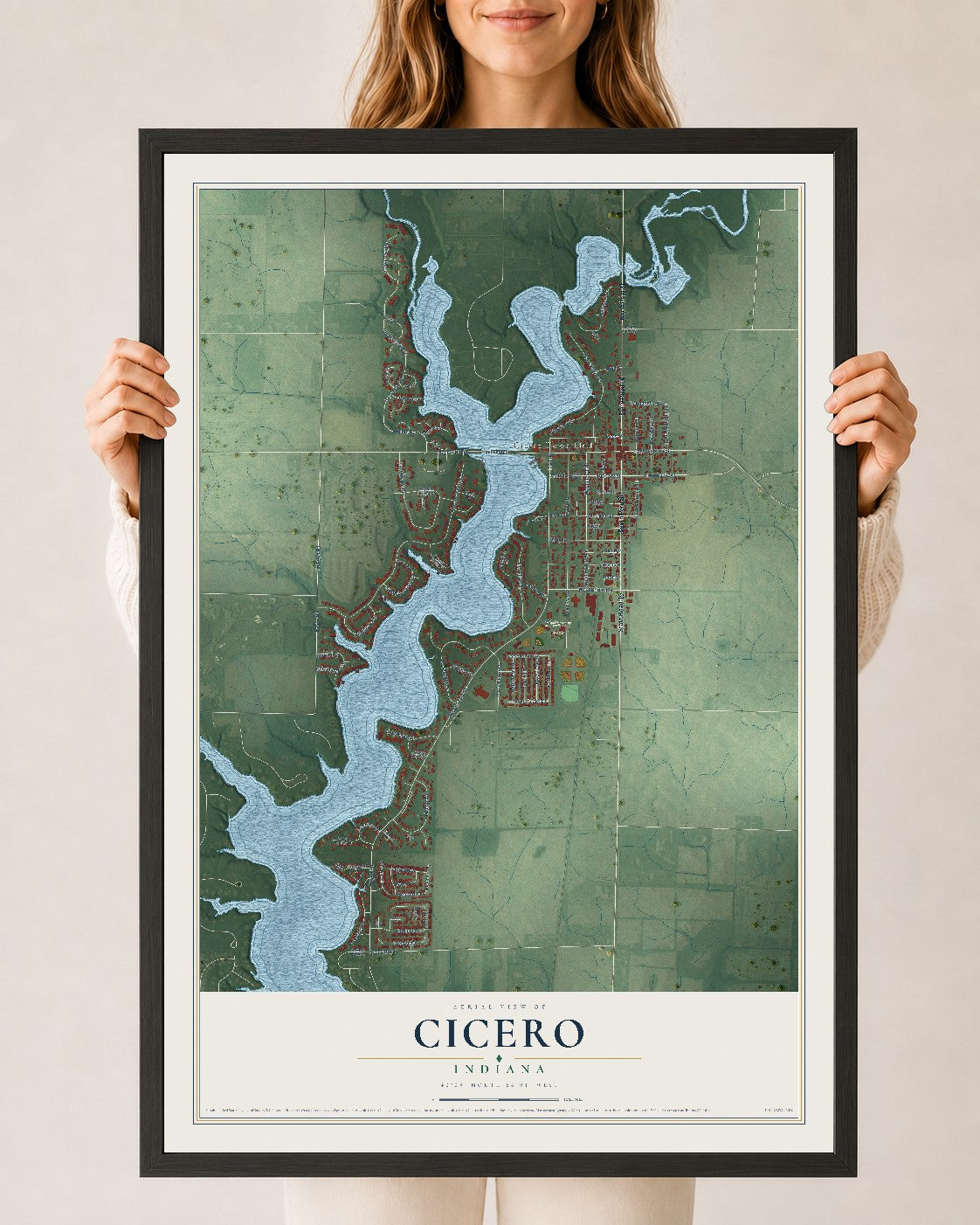 Map of Cicero, Indiana, 24 x 36 inch print in a black wood frame
