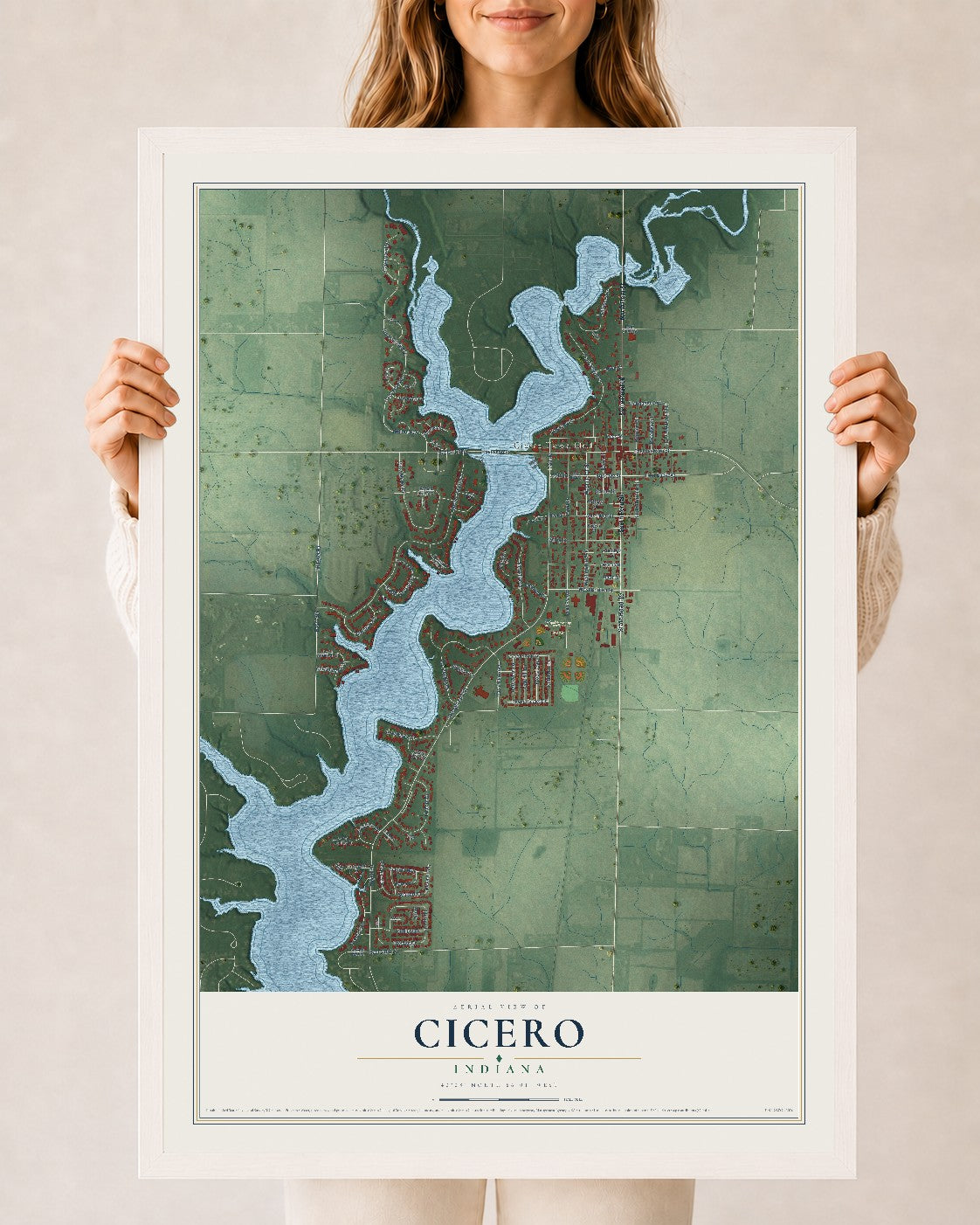 Map of Cicero, Indiana, 24 x 36 inch print in a white wood frame