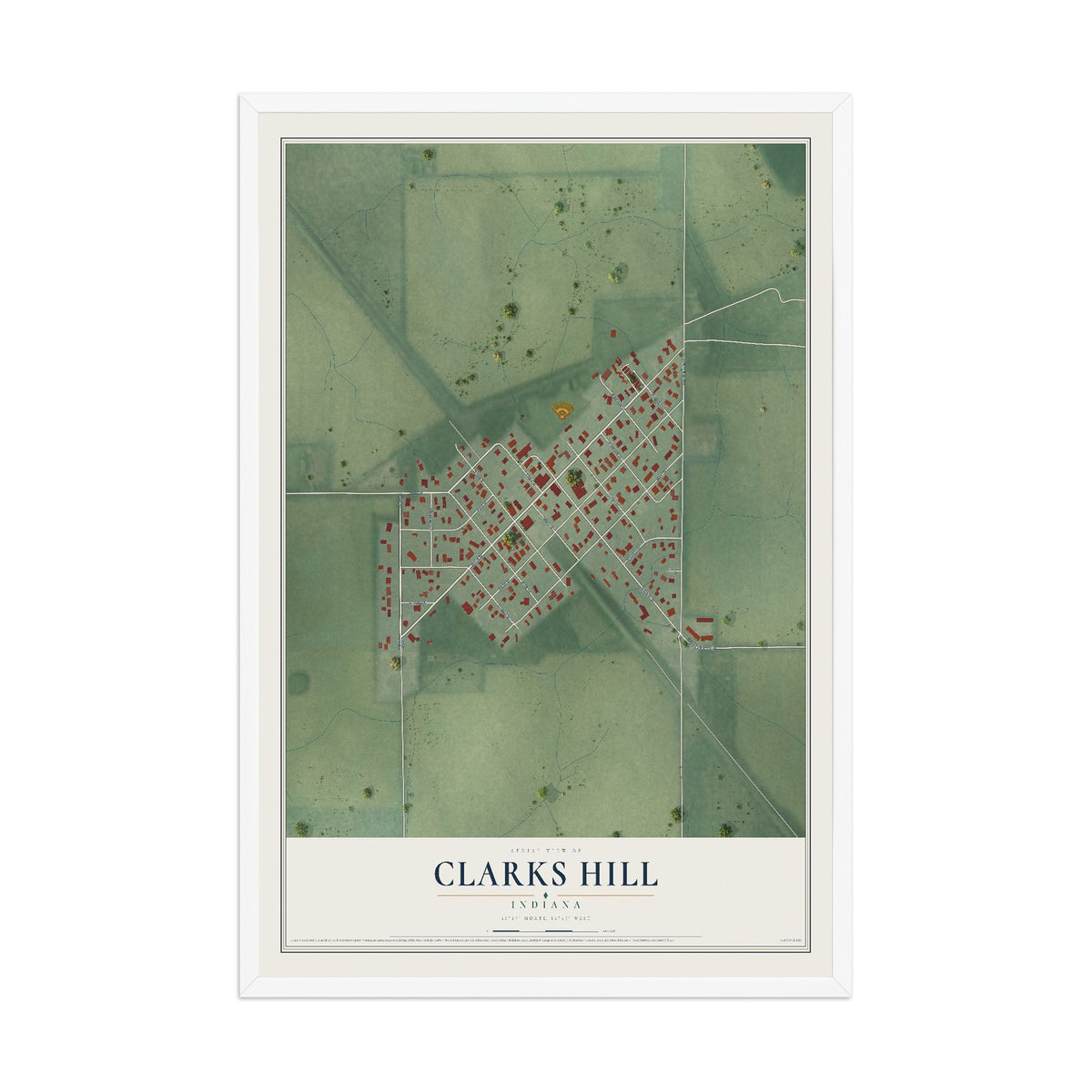 Map of Clarks Hill, Indiana, 12 x 18 inch print in a white wood frame