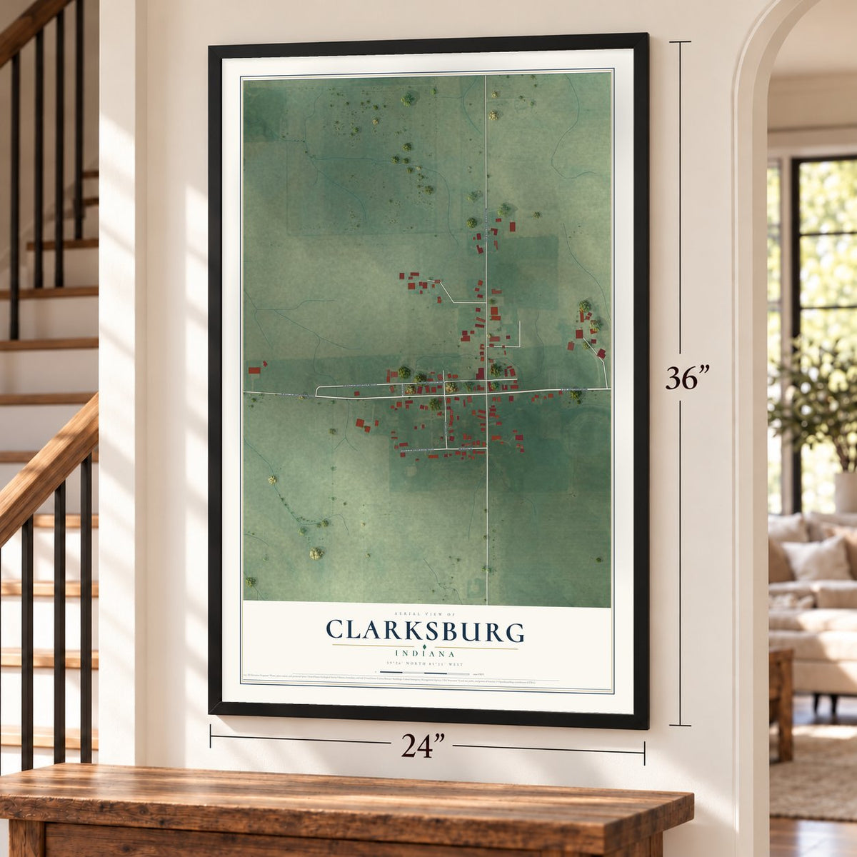 Clarksburg, Indiana map, 24 x 36 inch print in a black frame by a staircase