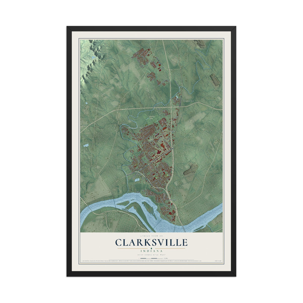 Map of Clarksville, Indiana, 12 x 18 inch print in a black wood frame