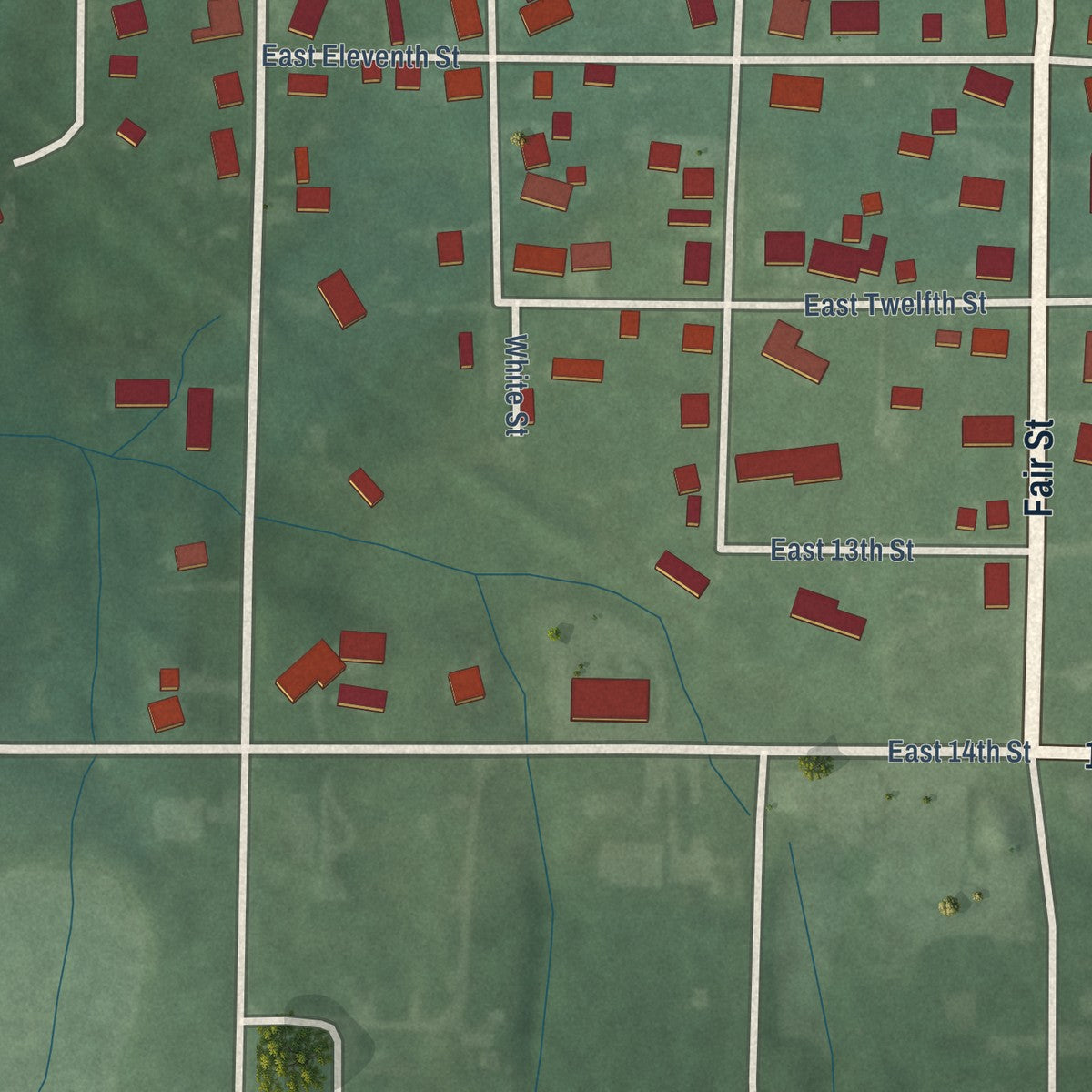 Second close-up of the map of Clay City, Indiana print showing more streets and buildings