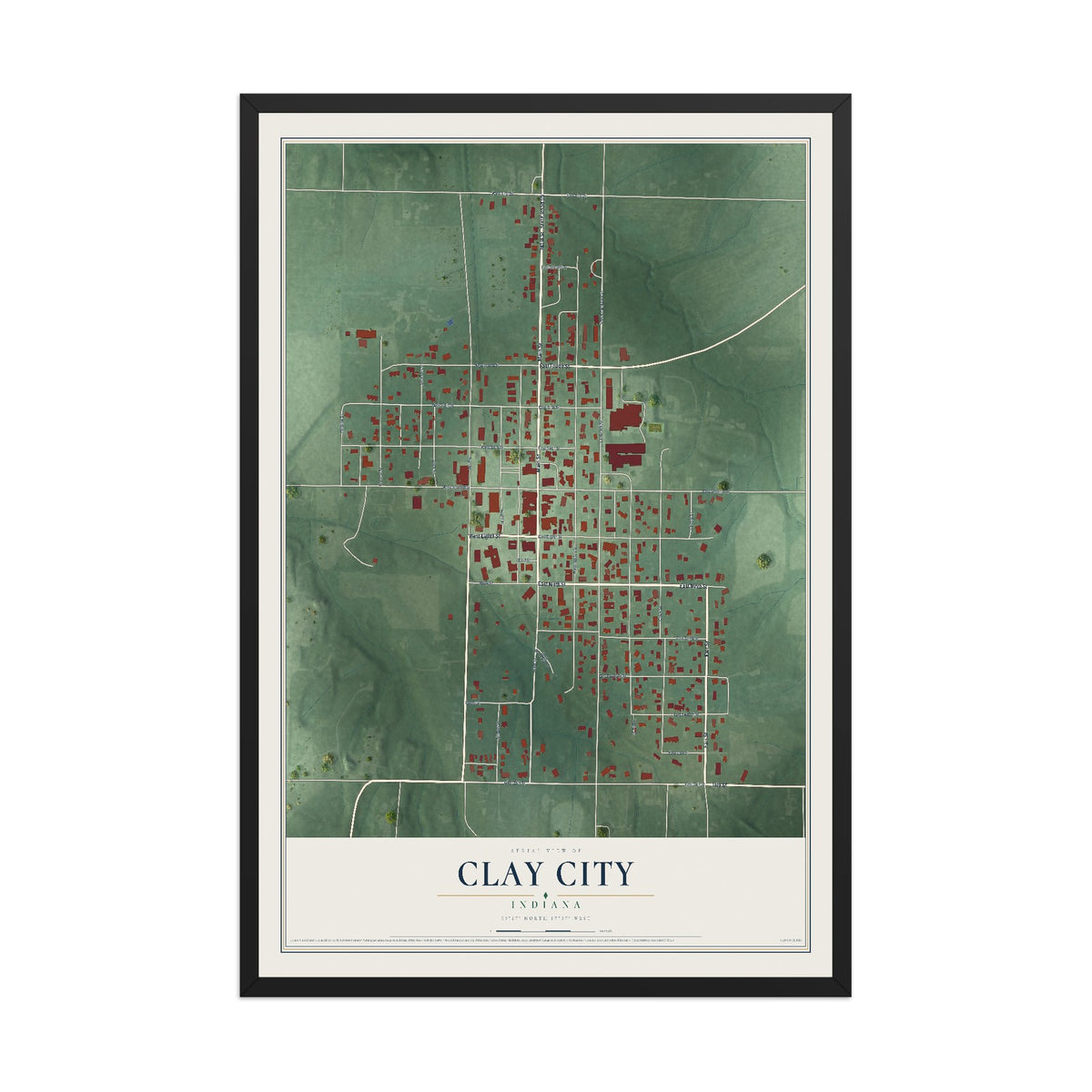Map of Clay City, Indiana, 12 x 18 inch print in a black wood frame