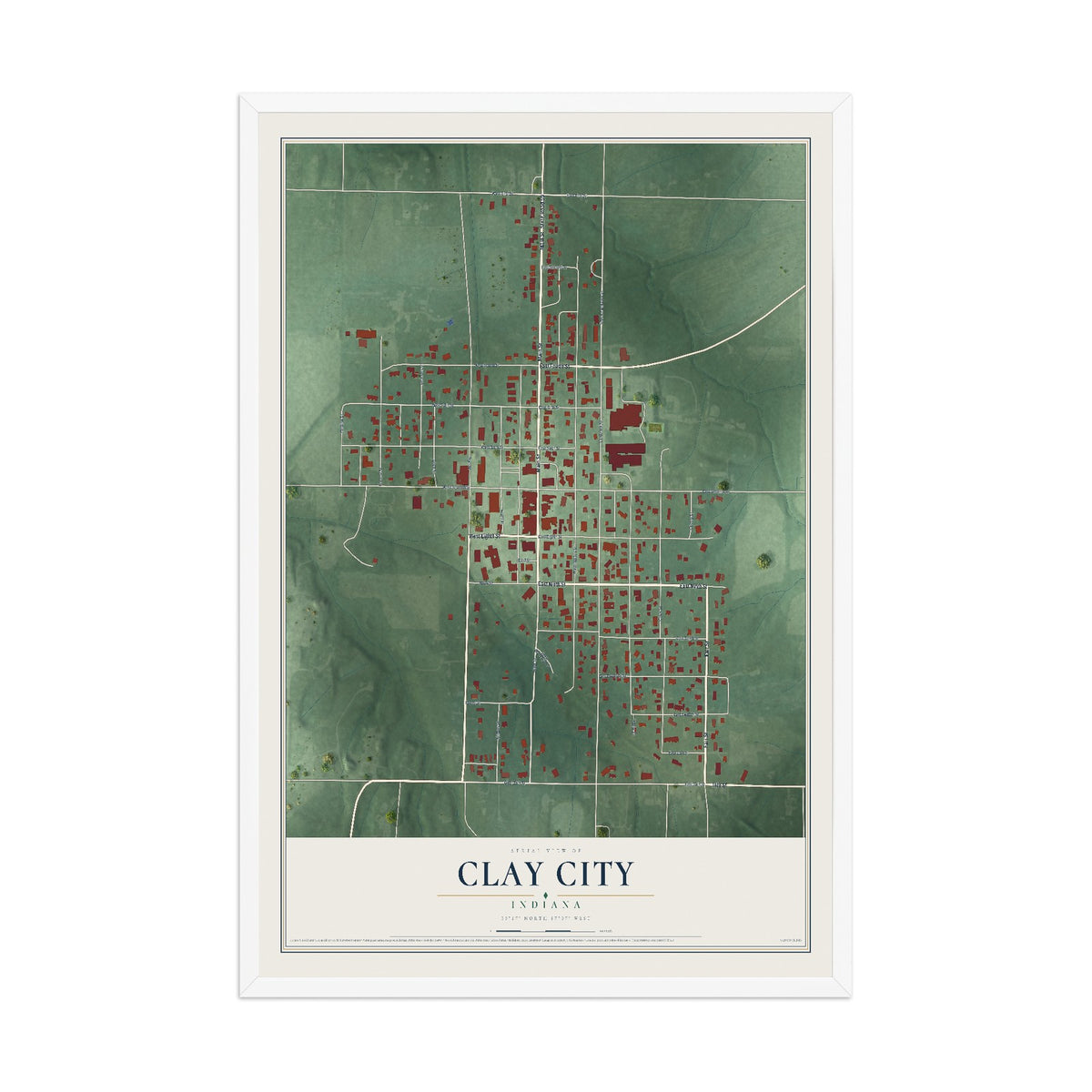 Map of Clay City, Indiana, 12 x 18 inch print in a white wood frame