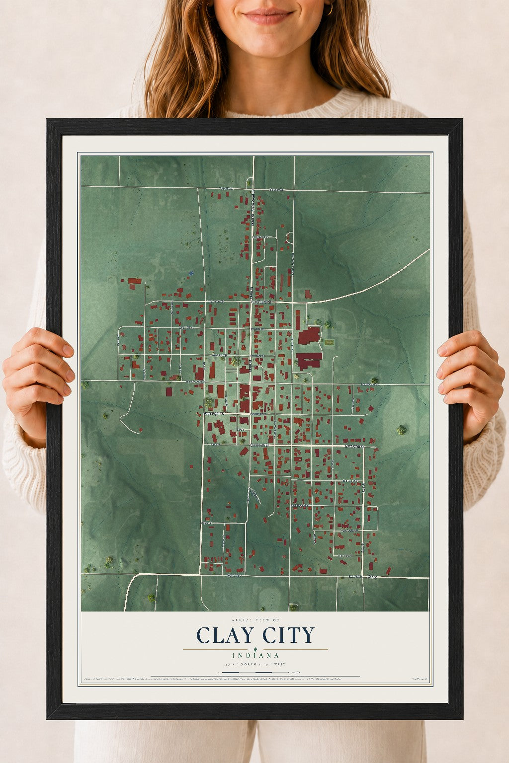 Map of Clay City, Indiana, 18 x 24 inch print in a black wood frame