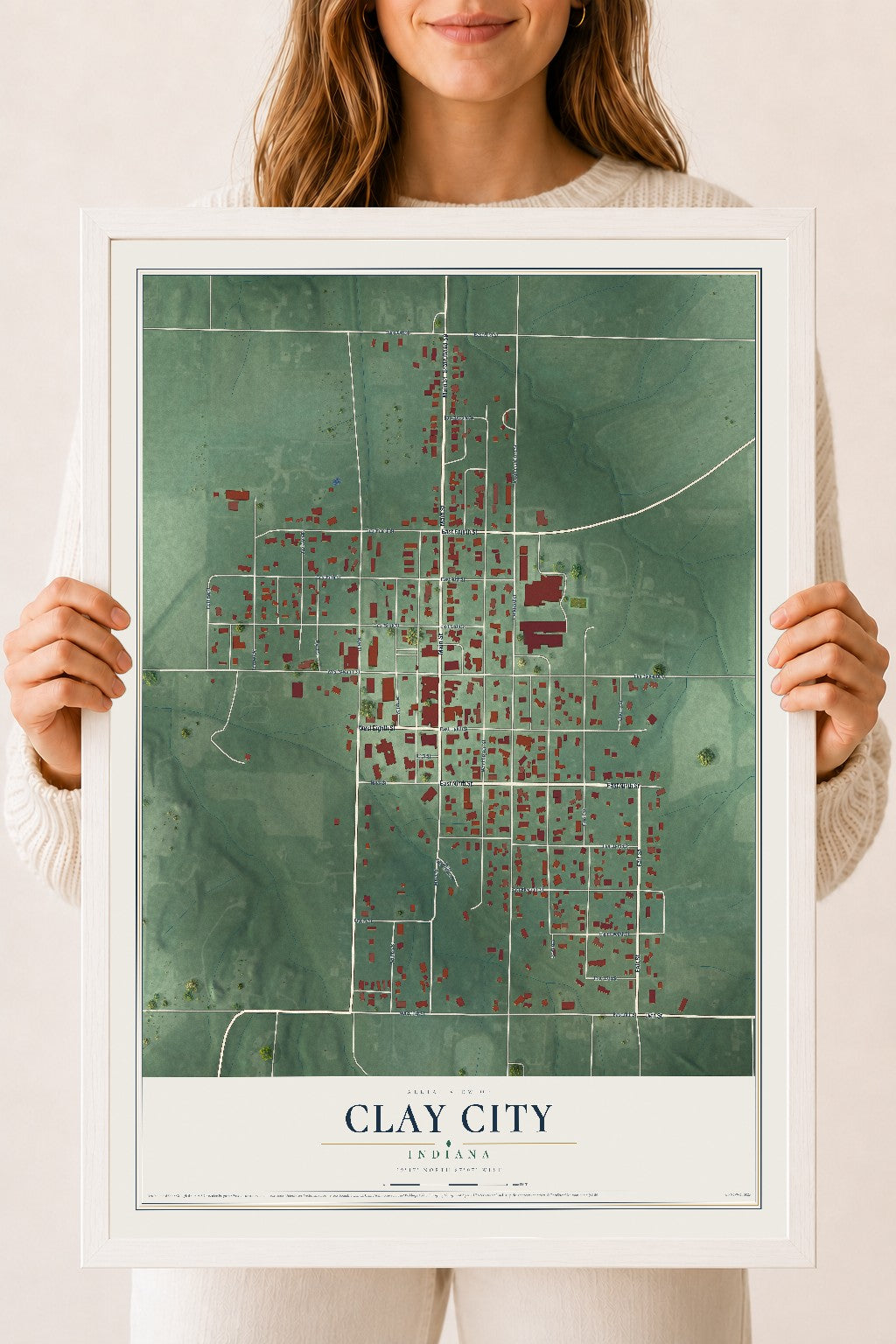 Map of Clay City, Indiana, 18 x 24 inch print in a white wood frame