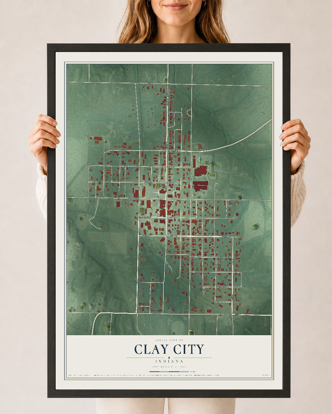 Map of Clay City, Indiana, 24 x 36 inch print in a black wood frame