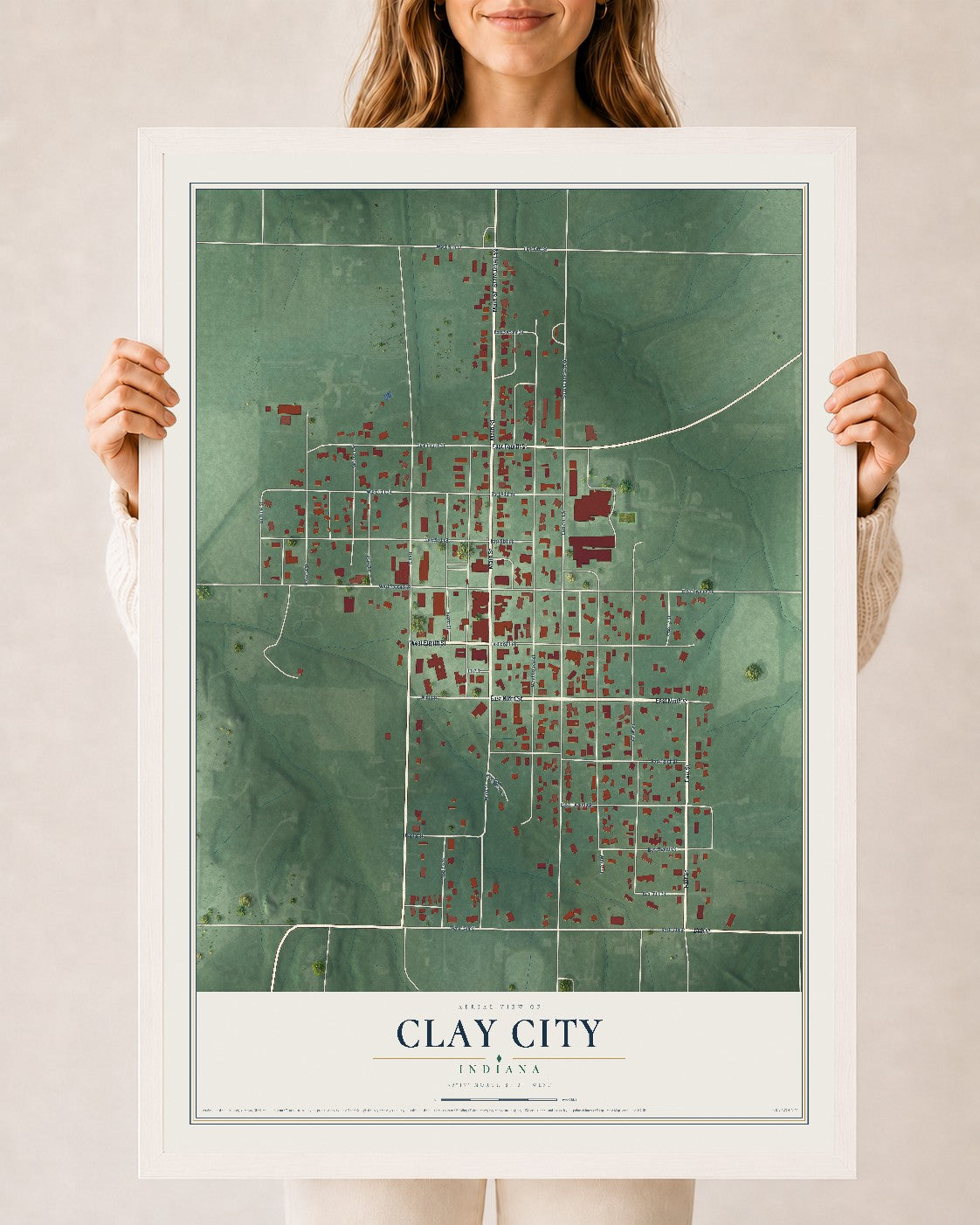 Map of Clay City, Indiana, 24 x 36 inch print in a white wood frame