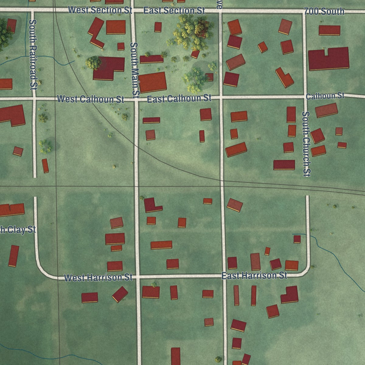 Close-up of the map of Claypool, Indiana print showing street and building detail
