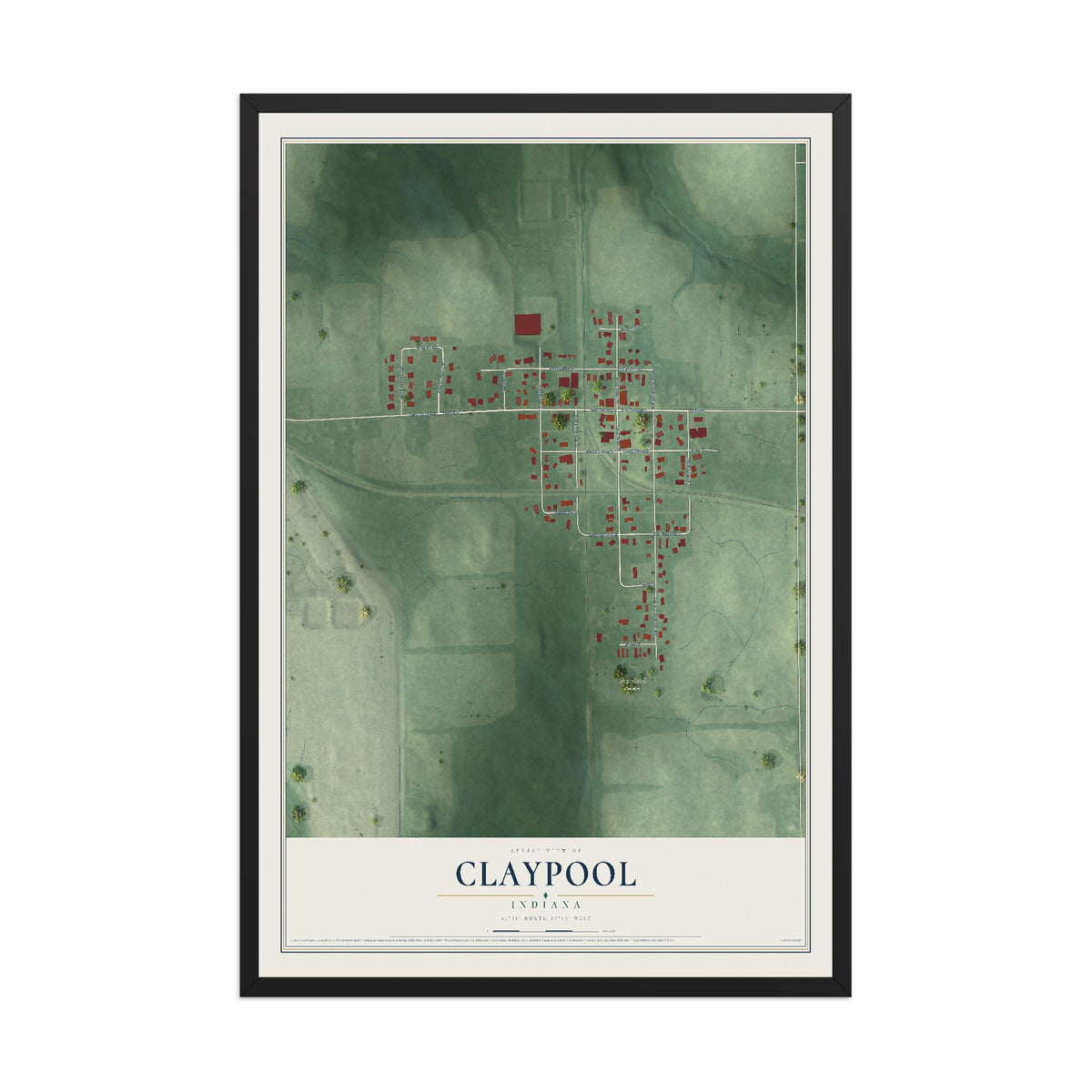 Map of Claypool, Indiana, 12 x 18 inch print in a black wood frame