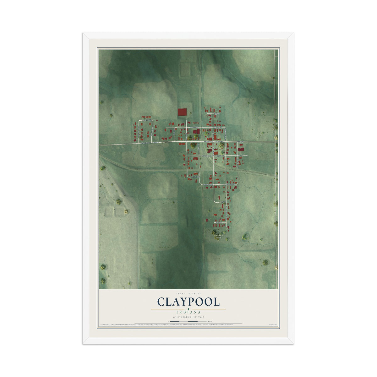 Map of Claypool, Indiana, 12 x 18 inch print in a white wood frame