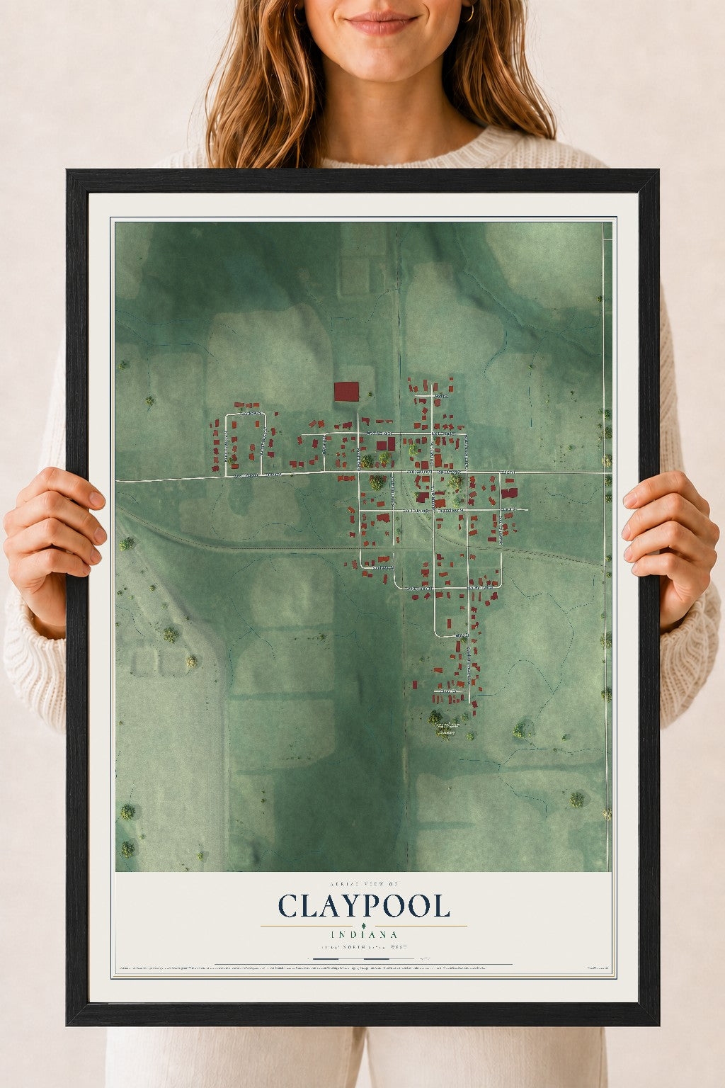 Map of Claypool, Indiana, 18 x 24 inch print in a black wood frame