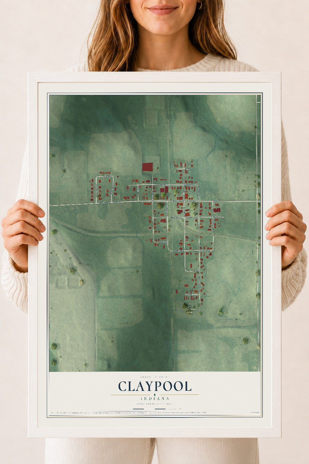 Map of Claypool, Indiana, 18 x 24 inch print in a white wood frame