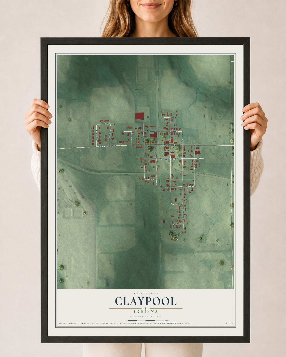 Map of Claypool, Indiana, 24 x 36 inch print in a black wood frame