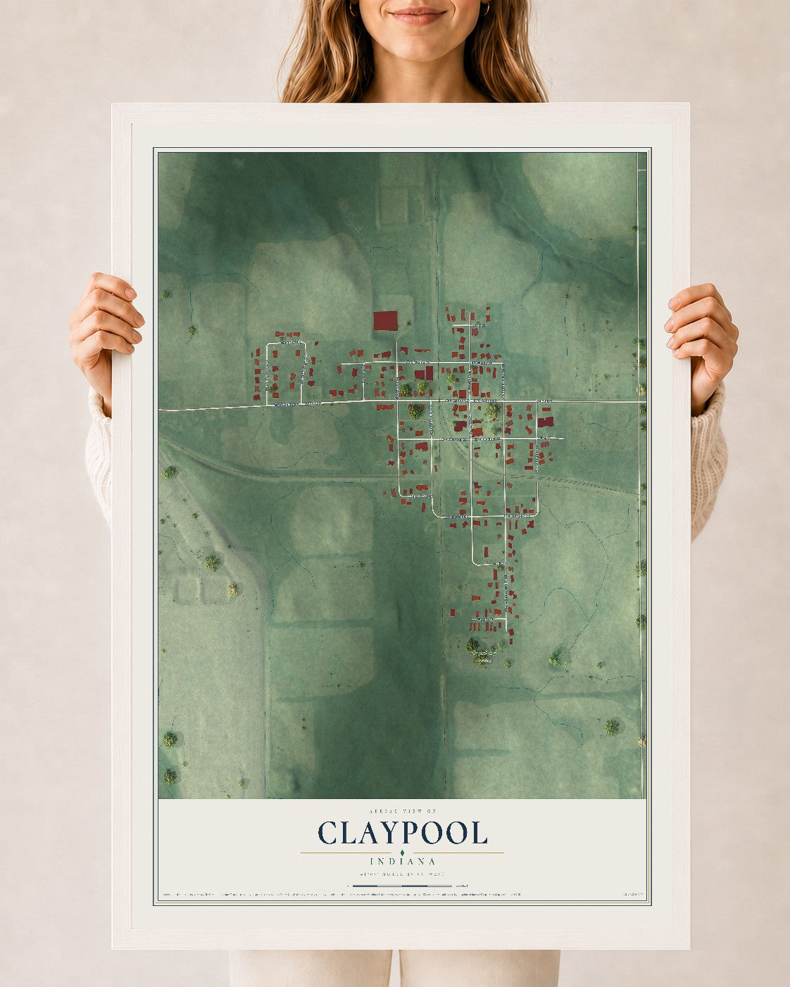 Map of Claypool, Indiana, 24 x 36 inch print in a white wood frame