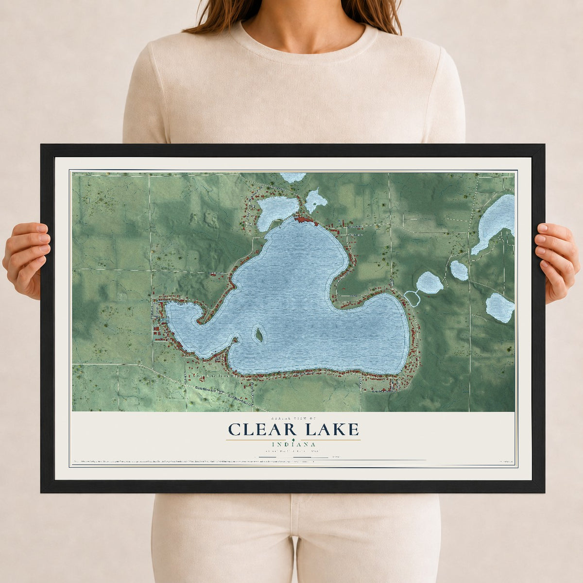 Map of Clear Lake, Indiana, 12 x 18 inch print in a black wood frame