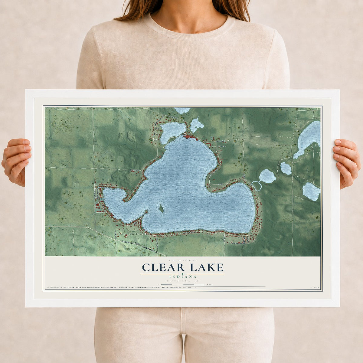 Map of Clear Lake, Indiana, 12 x 18 inch print in a white wood frame