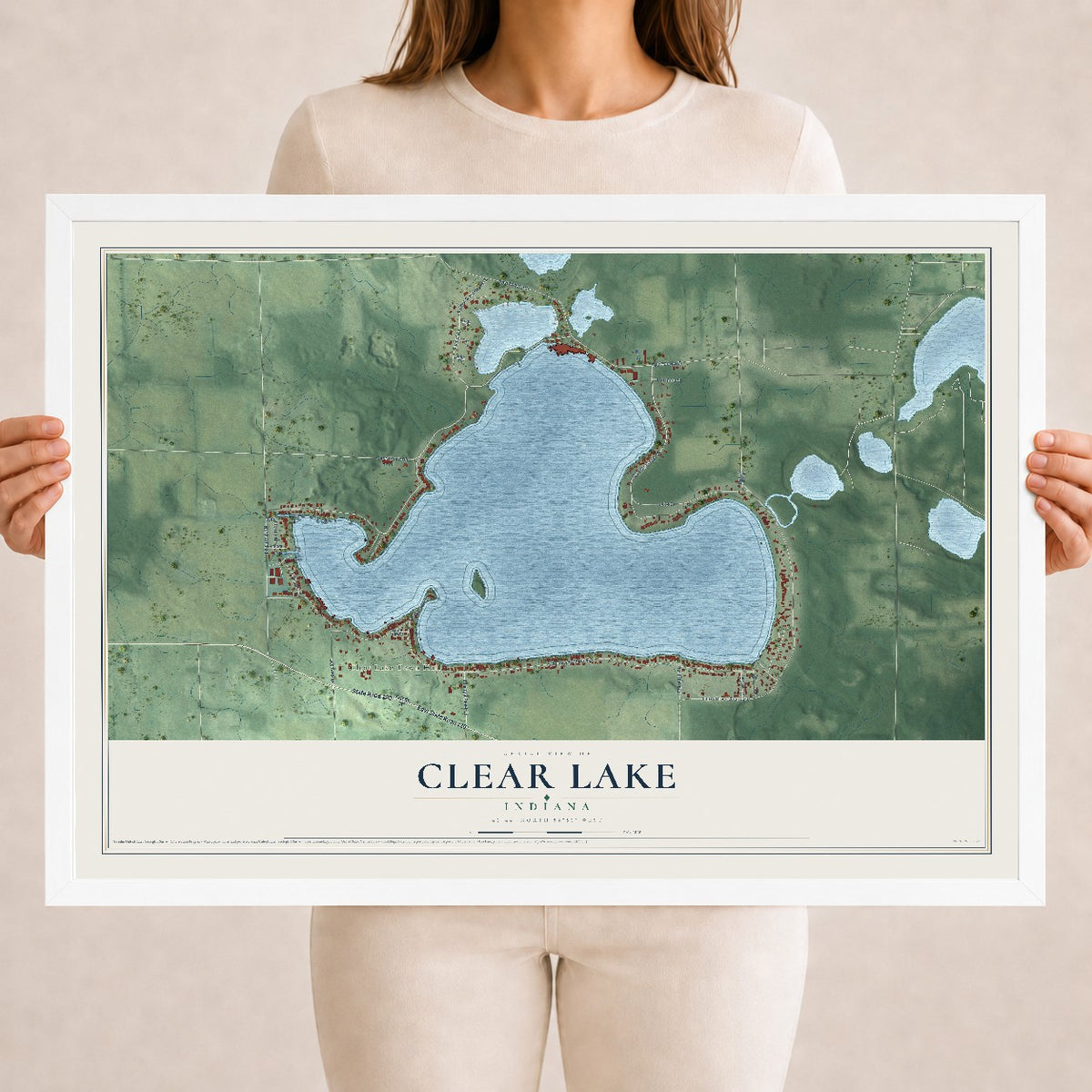 Map of Clear Lake, Indiana, 18 x 24 inch print in a white wood frame
