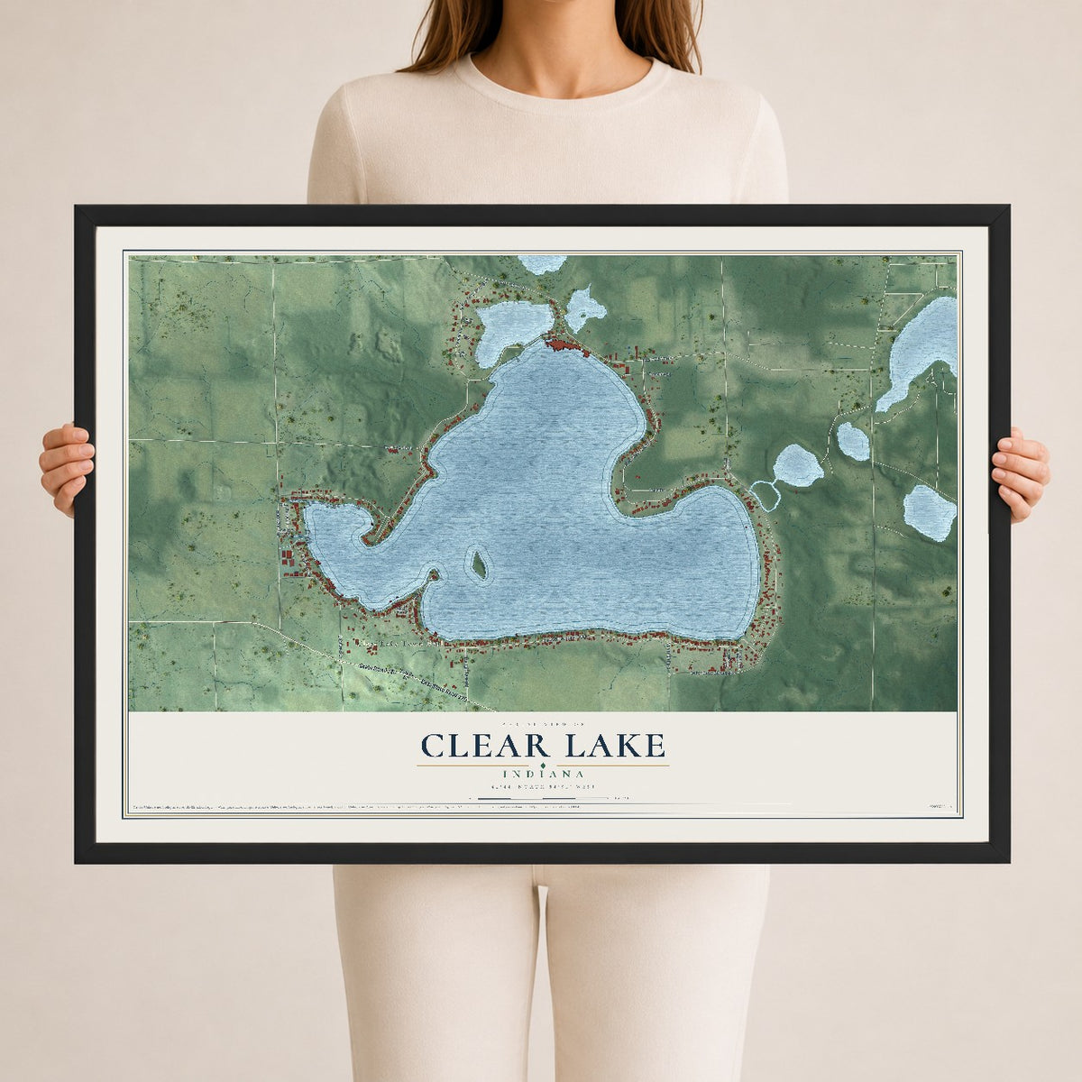 Map of Clear Lake, Indiana, 24 x 36 inch print in a black wood frame