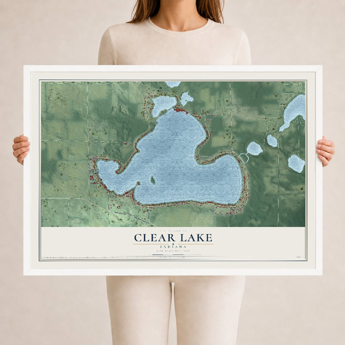 Map of Clear Lake, Indiana, 24 x 36 inch print in a white wood frame
