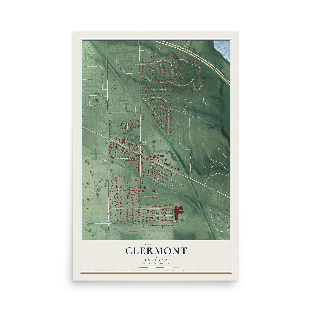 Map of Clermont, Indiana, 12 x 18 inch unframed archival matte print